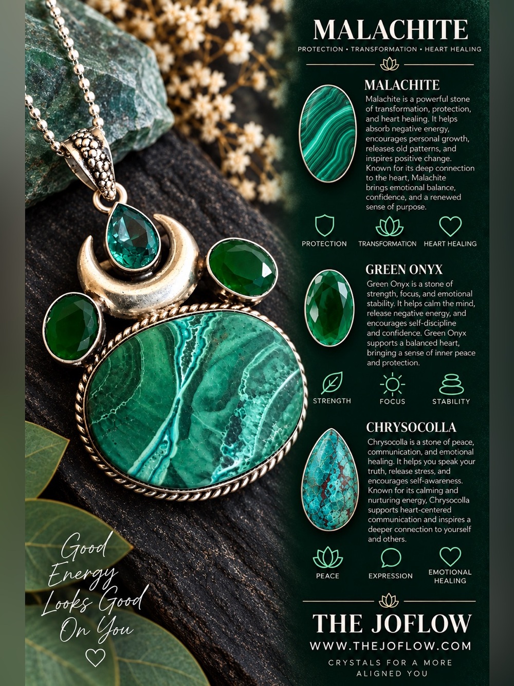 925 OOAK! MYSTICAL Malachite Chrysocolla Moon Pendant Necklace